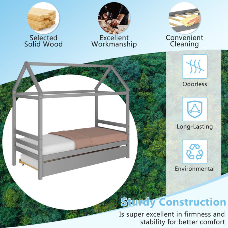 Kids Platform Bed Frame with Roof for Bedroom